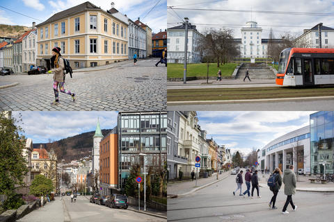 A collage photo showing a student walking in the street, Bybanen passing the Geophiysical institute, streets of Bergen, students walking towards the Student Centre