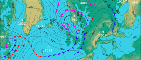 Synoptic map of surface pressure and fronts from UK Met Office from 8 August 2016.