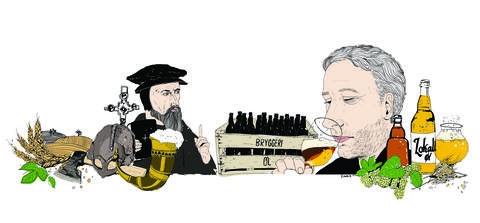 Illustration showing beer brewing and drinking traditions in Norway in a historical perspective as part of an article about how old beer brewing traditions are being embraced by new generations.