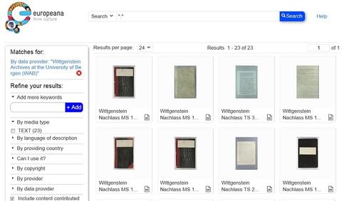 Et bilde av hvordan Wittgenstein Nachlass fremstår på Europeana