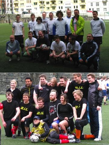 MI 60th anniversary soccer match. The employees' team (MI UTD), top, and the...