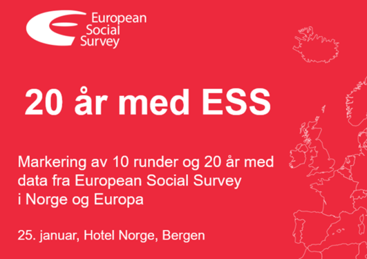 Bilete med ESS-logo, et svakt Europakart, og tekst: "20 år med ESS. Markering av 10 runder og 20 år med data fra European Social Survey i Norge og Europa. 25. januar, Hotel Norge, Bergen"