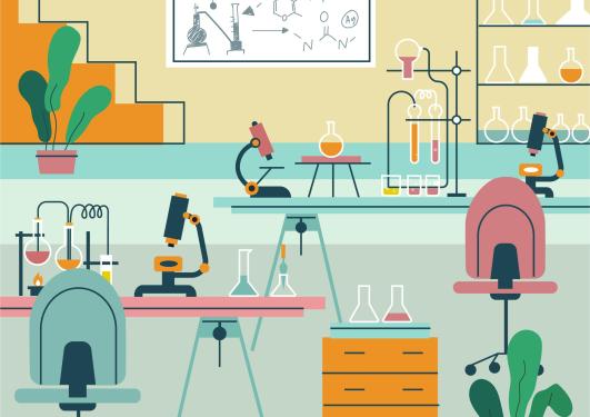 Simple and flawed illustration of a chemistry lab; pastel colors, potted plants stand by two writing desks with microscopes and various Erlen Mayer flasks with colored liquids on top. A shelf on the right contains more flasks; none of them clean.