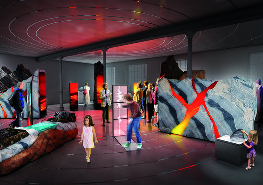 illustrasjon av museets nye utstilling av geologiske samlinger