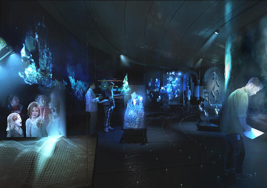 illustrasjon over et rom med museumsutstillinger med tema undervannsatmosfære