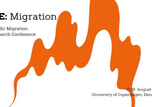 Conference logo: The text RE:MIGRATION - Nordic Migration Research Conference in the top left corner, a large orange squiggle in the middle, and the text 17-19 August 2022, University of Copenhagen, Denmark in the bottom right corner