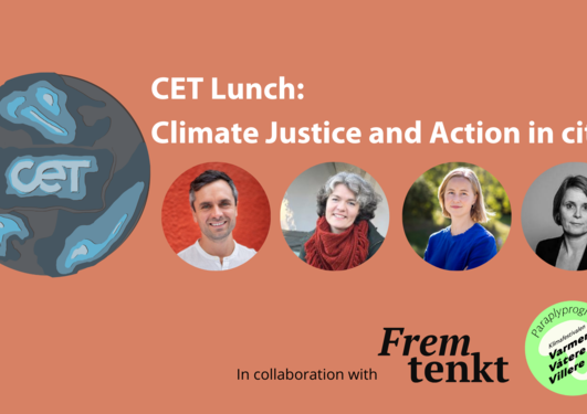 Red background with CET globe logo CET Lunch Climate Justice and action in cities