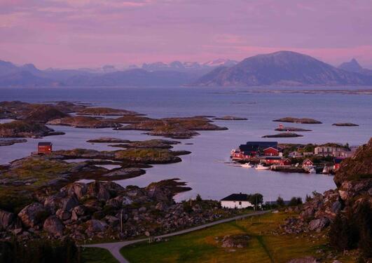 A coastal landscape with houses, small islands and a mountain range on the horizon