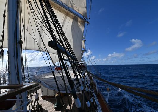 Tall ship Statsraad Lehmkuhl from Bergen in Norway crossing the Pacific as part of the One Ocean Expedition (2021-2023).