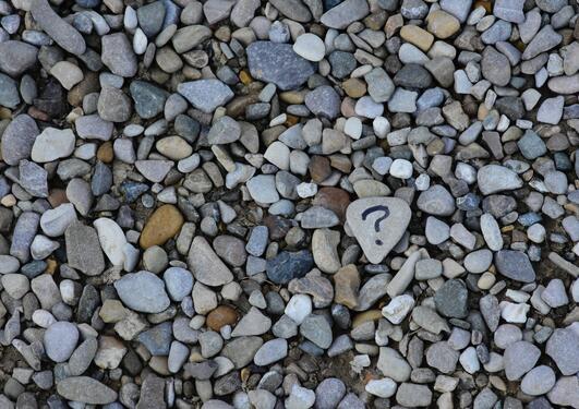 Many small pebbles in various colours, one large pebble has a question mark on it