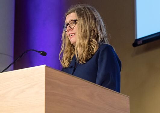 Vice-Rector for Global Relations Annelin Eriksen speaking to close the 2019 SDG Conference Bergen in February 2019.