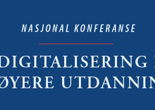 Blå bakgrunn og hvit tekst som leser: Nasjonal konferanse for digitalisering i høyere utdanning.
