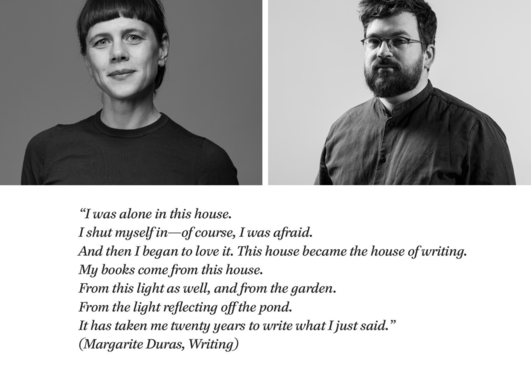 Photos of Kari Anne Drangland and Anders Rubing over a text excerpt from Margarite Duras