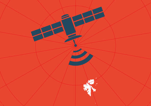 Graphic from the front page of the UiB Magazine 2014/2015, showing a satellite over Svalbard.