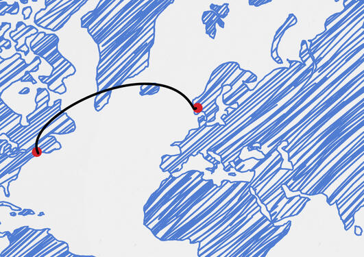 Verdenskart med linje mellom Harvard i USA og Bergen, Norge.