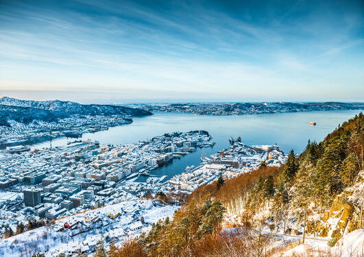 Long distance view of Bergen with snow. 