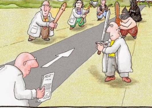 Drawing of a male researcher about to embark on his way to handing in a research proposal, but facing a range of different people carrying swords, baseball bats and other tool to knock him down on the way