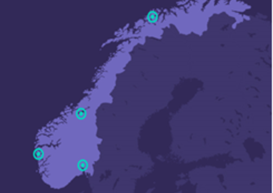 illustrert,art over Norge med markert byene Bergen, Oslo, Trondheim og Tromsø
