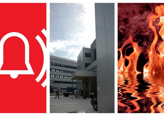 Photo collage showing a fire alarm icon, a photo of part of the BIO buildings and a burning flame alongside each other
