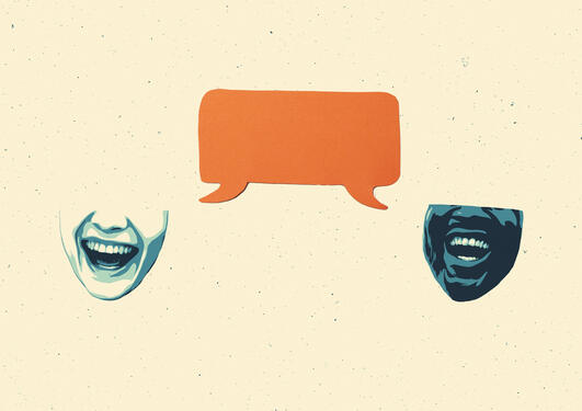Illustration of two laughing heads with a speaking bobble between them