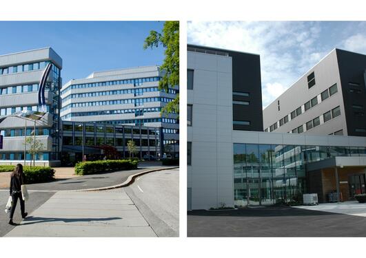 Collage av to foto som viser henholdsvis byggene Høyteknologisenteret og Biologen