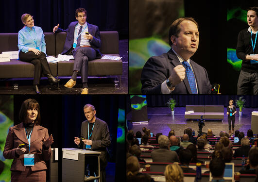 Collage of photos from the 10th Cancer Crosslink, different speakers on the stage.