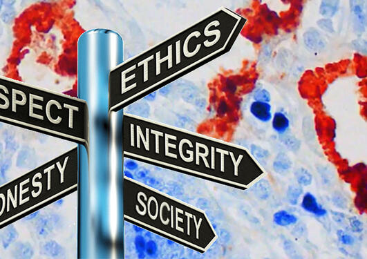 Signpost pointing towards Respect, Ethics, Honesty, Integrity and Society, on a background of a microscope picture of cancer cells.