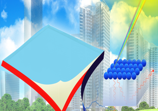 Illustration image of scyscrapers in sunny weather surrounded by green fields and energy related symbols