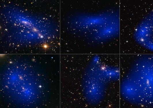 collage_of_six_cluster_collisions_with_dark_matter_maps