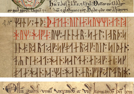 Top: AM 619 4to (Old Norwegian Homily Book), The Arnamagnæan Collection, Copenhagen. Middle: AM 28 8vo (Codex Runicus), The Arnamagnæan Collection, Copenhagen. Bottom: Aga charter, DN IV 6, 26 May 1293, The University of Bergen Library