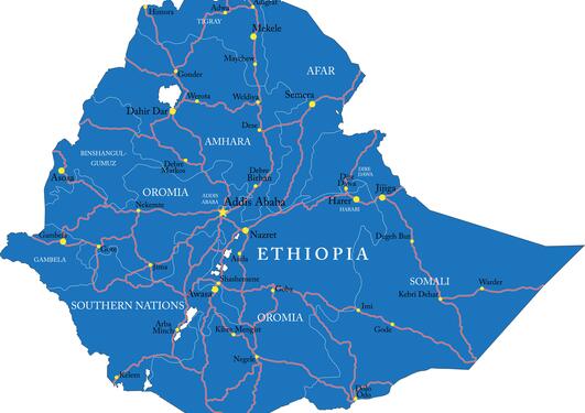 Blue map of ethiopia, including regions and major cities