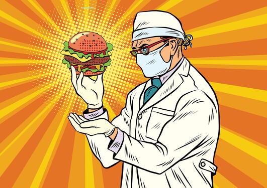 Scientist nutritionist and Burger fast food.
