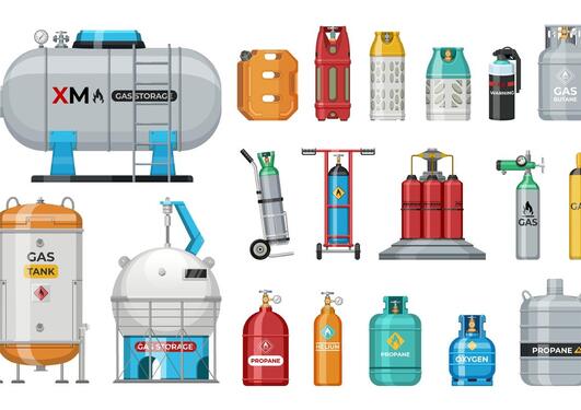 Illustrasjonsbilde som viser en rekke skjematiske tegninger av ulike typer gassbeholdere stilt opp i et panel