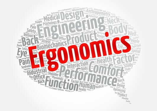 Snakkeboble med ordet ergonomics (engelsk for ergonomi)