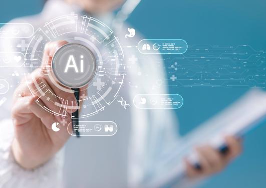 illustrasjonsbilde, medisinsk ai. En lege i bakgrunnen som skrur på en imaginær knapp, som på en skjerm. 