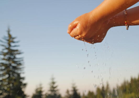 water running through the hands of a child