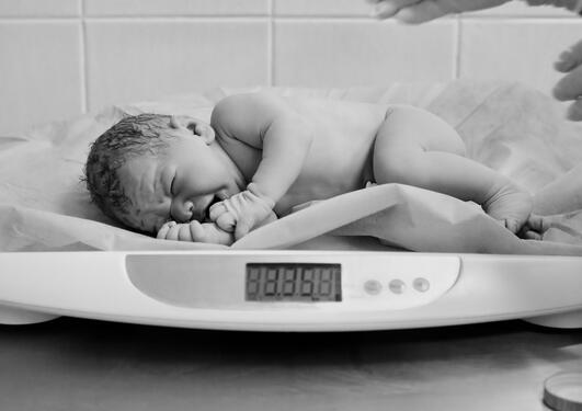 nyfødt baby som gråter og ligger på vekt