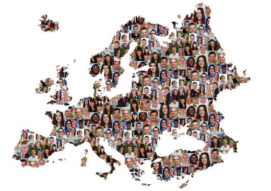 A map of Europe filled with photos of people's faces