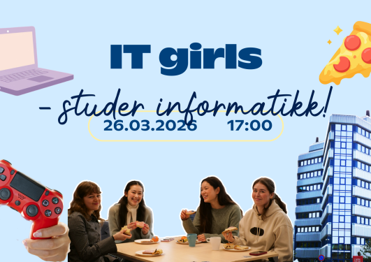 Grafikk med Høyteknologisenteret, fire jenter som sitter rundt et bord, spillkontroll, pizza og laptop