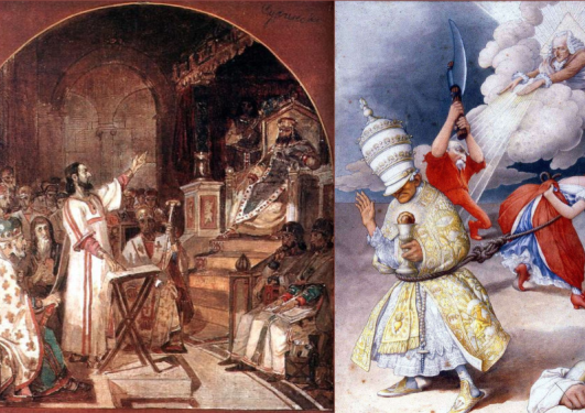 Composite Image:V.Surikov, First Council of Nicea (1876) / La Séparation des Églises et de l'État (ca. 1905) (Public domain; Wikimedia Commons)