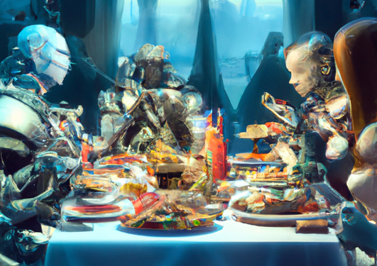 A group of cyborgs share a dinner of futuristic food in oil painting style of Rembrandt