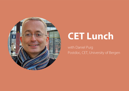 Red/orange background with picture of Daniel Puig, text saying CET Lunch with Daniel Puig. CET-logo on earth background in right corner.