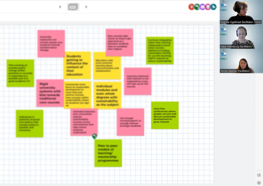 Screenshot of an online meeting. A screen is shared, showing a digital board with colourful post-it notes scattered across it. In the top right corner three female facillitators are present in three squares on top of eachother.