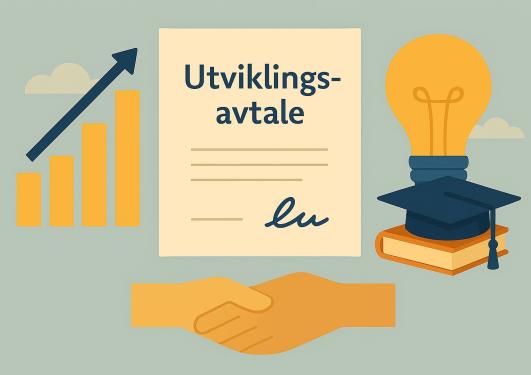 Bilde av dokument som heter utviklingsavtale, grafer, lyspære, bok, studenthatt, to hender som hilser
