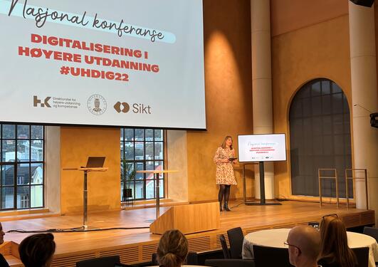 Anne Marit Bjørneflaten holder åpningstale på konferansen Digitalisering i høyere utdanning