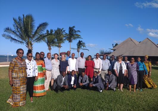 Group of people on a lawn, sun shining, palm trees, roof and sea in the background