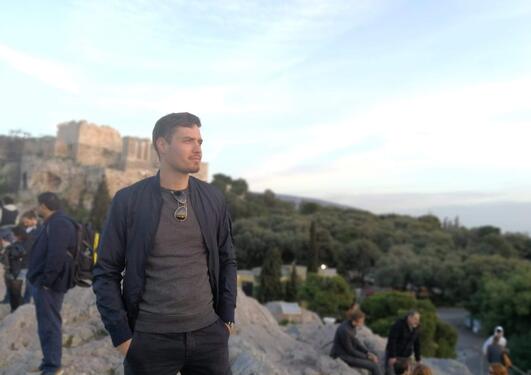 Emil Perron at the Areopagus, in front of the Acropolis in Athens, Greece.