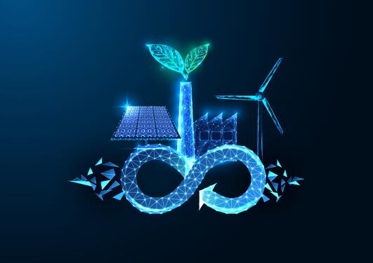 Collage of items representing energy, including a stylized windmill, a solar panel and more