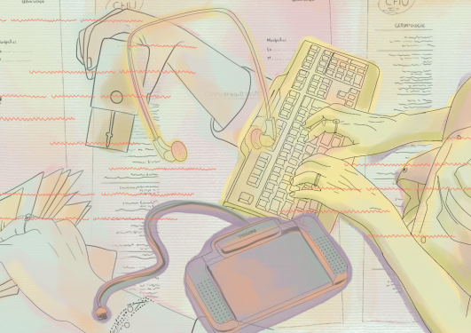 pastel sketch of hands typing on a keyboard and holding other digital devices