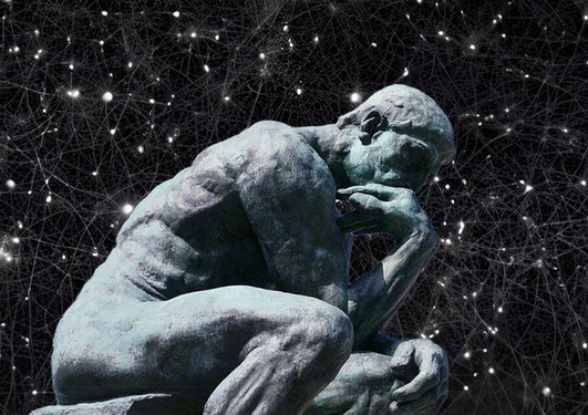 Illustration. "The Thinker" by Rodin with AI generated backdrop.